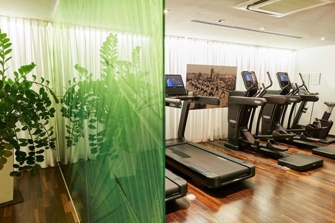 Steigenberger Hotel Herrenhof Відень Екстер'єр фото The photo shows a modern gym area featuring several exercise treadmills. The space is bright, with large windows covered by white curtains that allow natural light in. On one side, there is a green glass partition with some leafy plants visible, addi
